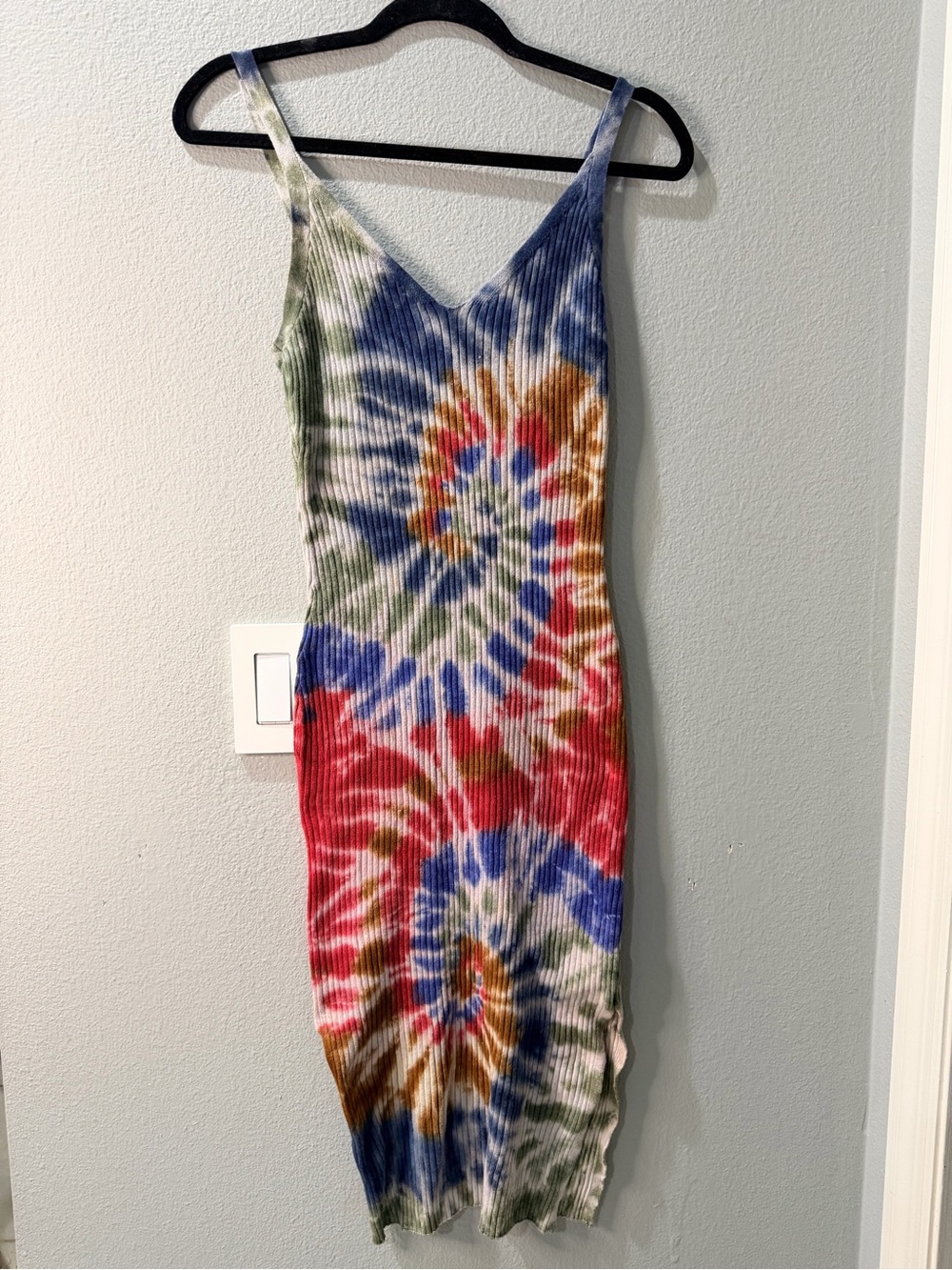 Multi-Color Tie-Dye V-Neck Ribbed Midi Dress
